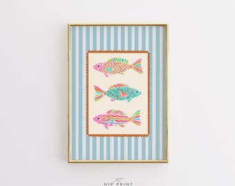 Colorful Fish Wall Art, Coastal Beach Print, Cute Sea Life Poster, Tropical Ocean Decor, Whimsical Nautical Artwork for Kids Room