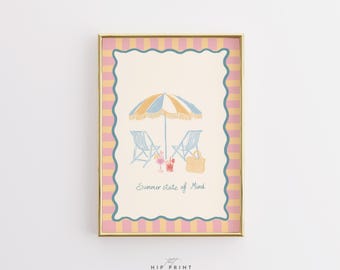 Summer State of Mind Wall Art Print, Coastal Beach Poster, Pink Stripe Summer Decor, Vacation Aesthetic Artwork