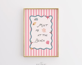 Meet Me At The Beach Wall Art, Pink Coastal Print, Preppy Summer Poster, Beach House Decor, Seashell Artwork