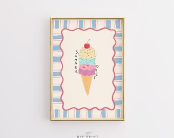 Summer Diet Ice Cream Wall Art, Cute Coastal Kitchen Poster, Pastel Dessert Print, Sweet Summer Aesthetic Decor