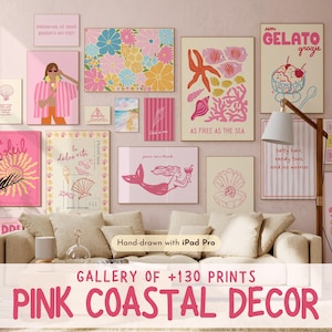 May include: A gallery wall of pink and white coastal-themed illustrations. The illustrations feature a mermaid, seashells, a starfish, and a gelato cone. The text on the illustrations includes "la dolce vita", "le soleil", "as free as the sea", "salty hair, sandy toes, and no worries", and "gelato grazie".