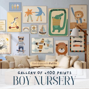 Jungen Kinderzimmer Wand Kunst Set von +100, süße Tierdrucke, Kinderzimmer Dekor, Spielzimmer Ästhetik, Safari Thema, Vintage Baby Poster, digitaler Download