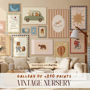 May include: A gallery wall of vintage nursery art prints. The collection includes framed illustrations of animals, vehicles, and inspirational quotes. The color palette features soft pastels and earth tones. Text on the image reads: "COOL KIDS HERE", "Best Friends", "VINTAGE NURSERY".