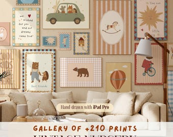 Vintage Nursery Bundle of +210 Prints, Hand-Drawn Animal, Neutral Baby Room Decor, Cottagecore Playroom Gallery, Cute Kids Wall Collection