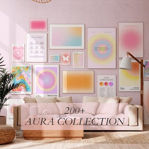 Mega paquete de carteles de aura: más de 200 impresiones con degradado Y2K, arte de afirmación y salud mental, decoración de pared espiritual psicodélica, arte colorido