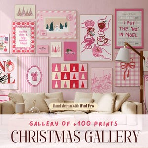 May include: A gallery wall featuring various pink and white Christmas-themed art prints. The prints include illustrations of Christmas trees, snowmen, and festive text. The text "CHRISTMAS GALLERY" is displayed at the bottom.