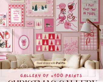 May include: A gallery wall featuring various pink and white Christmas-themed art prints. The prints include illustrations of Christmas trees, snowmen, and festive text. The text "CHRISTMAS GALLERY" is displayed at the bottom.