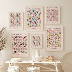 Market Flower Prints Set of 6, Flower Market Posters, Botanical Wall Art, Flower Market Gallery Wall Set, Flower Market Wall Art Decor