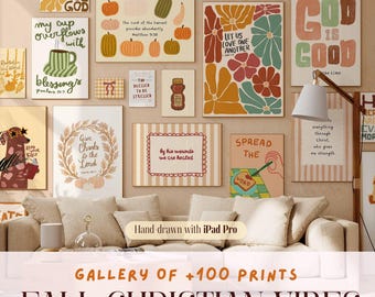 May include: A collection of framed art prints with Christian and autumnal themes. The prints feature floral patterns, pumpkins, and inspirational quotes. The text "FALL CHRISTIAN VIBES" is displayed at the bottom of the image.
