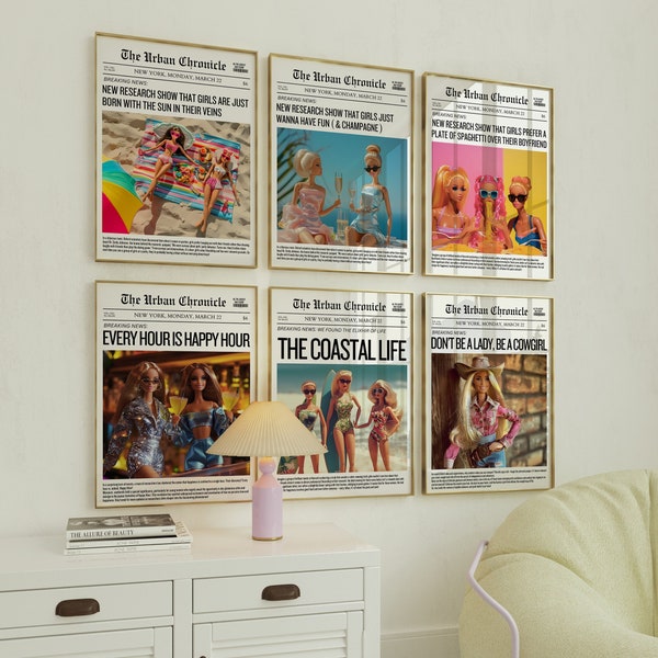 Newspaper Prints set of 6, Feminist Wall Decor ,Digital wall art,  Colorful Poster, Trendy Poster set ,Maximalist wall art, Trendy Newspaper