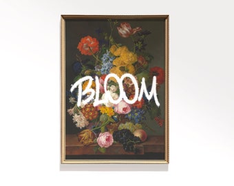 May include: A framed painting of a still life featuring a vase of colorful flowers, including red, yellow, pink, and white blooms. The word "BLOOM" is spray-painted in white across the center of the painting.