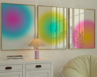 Gradientowe wydruki artystyczne z ziarnistą aurą, kolorowa dekoracja ścienna (do pobrania w wersji cyfrowej)