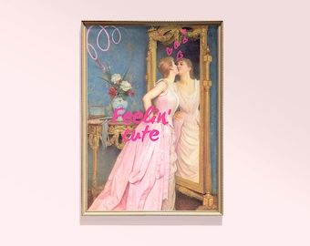 May include: A framed painting of a woman in a pink dress looking at her reflection in a mirror. The woman is smiling and has her hand on her hip. The mirror is ornate and has a gold frame. The painting is set against a blue background with a floral arrangement in the corner. The text "Feelin' cute" is written in pink on the painting.