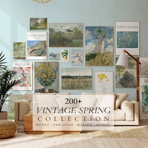 May include: A living room interior with a white sofa and a selection of framed art prints featuring vintage spring scenes. The prints include works by Monet, Van Gogh, Matisse, and Morris. The text "200+ Vintage Spring Collection" is displayed below the sofa.