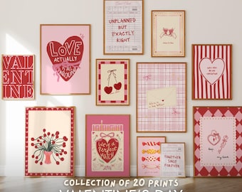 Valentine Wall Art Bundle, 20 Romantic Valentine Prints, Vintage Love Posters, Trendy Folk Heart Art, Pink Red Gallery Decor
