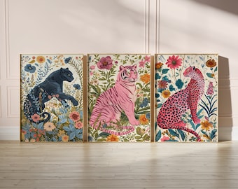 Eklektische Tier Blumendrucke, Maximalist Wand Kunst Set (Digitaler Download)