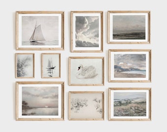 Vintage Landscape Painting Set of 10, Neutral Tonal Art (Digital Download)