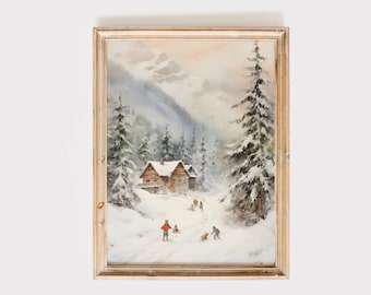 Vintage Winter Malerei Wandkunst / verschneite Winterlandschaft / Neutral Antik druckbare / Vintage rustikalen digitalen Download