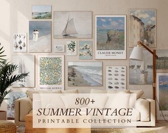 May include: A living room interior with a beige sofa and a wooden coffee table. The wall is decorated with a gallery wall of vintage summer-themed prints, including seascapes, floral patterns, and a sailboat. The text "800+ SUMMER VINTAGE PRINTABLE COLLECTION" is displayed on the coffee table.