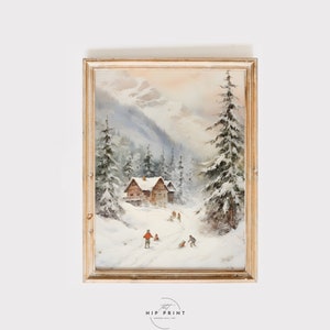 Vintage Winter Painting Wall Art / Snowy Winter Landscape Wall Art / Neutral Antique Printable / Vintage Rustic Digital Download