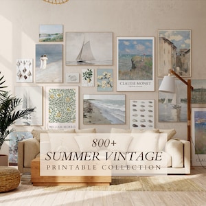 May include: A living room interior featuring a beige sofa and a wooden coffee table. The wall is adorned with a gallery wall of vintage summer-themed prints, including seascapes, floral patterns, and a sailboat. The text "800+ SUMMER VINTAGE PRINTABLE COLLECTION" is displayed on the coffee table.