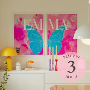 Customized  Butterfly Art Print, Trendy digital Butterfly, Set of Two Prints, Pink, Room Decor, Preppy Art Print, Preppy Wall Art