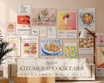 May include: A collection of printable wall art featuring kitchen and cocktail themed illustrations. The prints feature images of food, drinks, and cocktails, such as pasta, bruschetta, pizza, pineapples, and cocktails. The prints are in a variety of colors and styles, and they would be a great addition to any kitchen or bar.