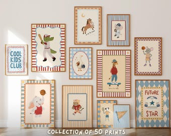 Sports Nursery Wall Art Set, 50 Kids Room Prints, Baby Boy Athletic Decor, Animal Posters, Playroom Gallery Wall