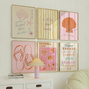 Juego de 6 piezas de arte mural de verano preppy, póster de playa costera, impresión tipográfica de chanclas de concha, decoración estética vacacional, descarga instantánea