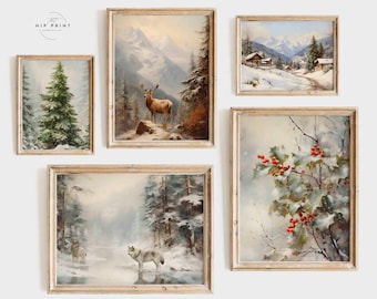 Winter Gallery Wall Art Set de 5 grabados / Decoración de pared navideña / Neutral Winter Gallery Wall Prints / Pintura de paisaje Impresión digital