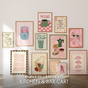 May include: A collection of framed art prints with various kitchen and bar-themed illustrations. Prints include text like "Coffee Time," "Brunch Club," and "Good Food Good Mood." The color palette features pink, green, and beige tones. The bundle includes over 210 prints.