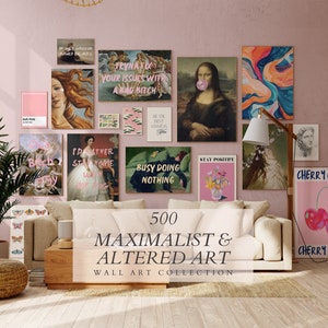 May include: A collection of 500 maximalist and altered art prints. The prints feature a variety of images, including a woman with flowing hair, a woman with a bubble, a woman with a dog, a woman with flowers, and a woman with a cherry. The prints are all in pink and white.