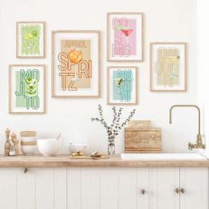 Cocktail Prints Set von 6, Bunter Cocktail Galerie Digitale Wandkunst, Cocktail Kunstdrucke, Cocktail druckbares Poster, Retro Cocktail Druck