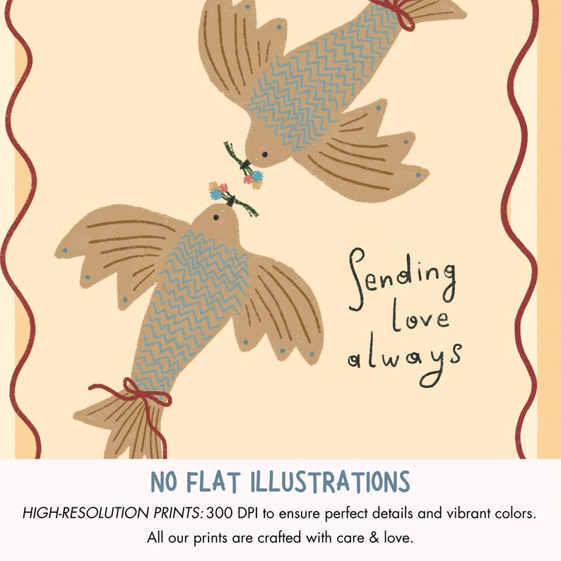 May include: Illustration of two stylized birds in flight, each holding a sprig of flowers. The birds are brown with blue patterned wings and red ribbon accents. The text "Sending love always" is written in black script.