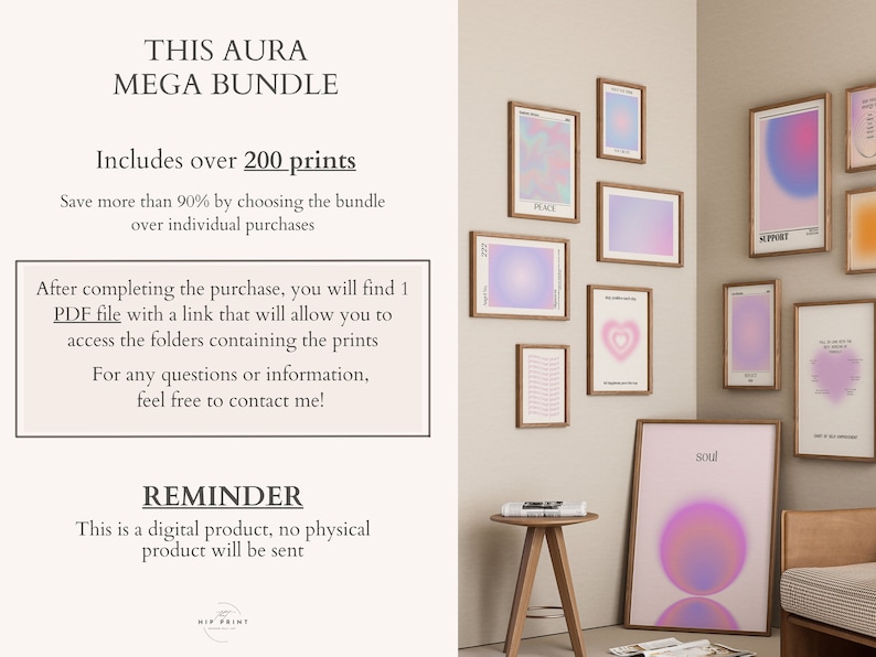 Pode incluir: Um pacote de download digital com mais de 200 impress&otilde;es de arte de parede imprim&iacute;veis. As impress&otilde;es apresentam uma variedade de cores pastel e designs abstratos. O texto "THIS AURA MEGA BUNDLE" est&aacute; na parte superior da imagem. O texto "REMINDER" est&aacute; na parte inferior da imagem. O texto "This is a digital product, no physical product will be sent" est&aacute; abaixo da palavra "REMINDER". A imagem tamb&eacute;m mostra uma parede com v&aacute;rias impress&otilde;es emolduradas em uma variedade de cores e designs.