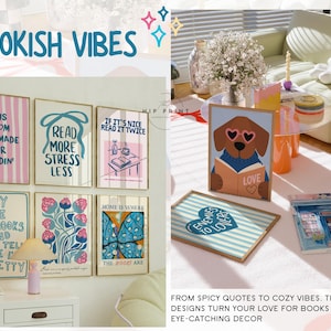 May include: A collection of framed art prints with book-themed quotes and illustrations. The prints feature phrases like "Read More Stress Less" and "This Room Was Made For Readin'". A dog wearing heart-shaped glasses reads a book.