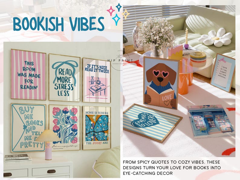 May include: A collection of framed art prints with book-themed quotes and illustrations. The prints feature phrases like "Read More Stress Less" and "This Room Was Made For Readin'". A dog wearing heart-shaped glasses reads a book.
