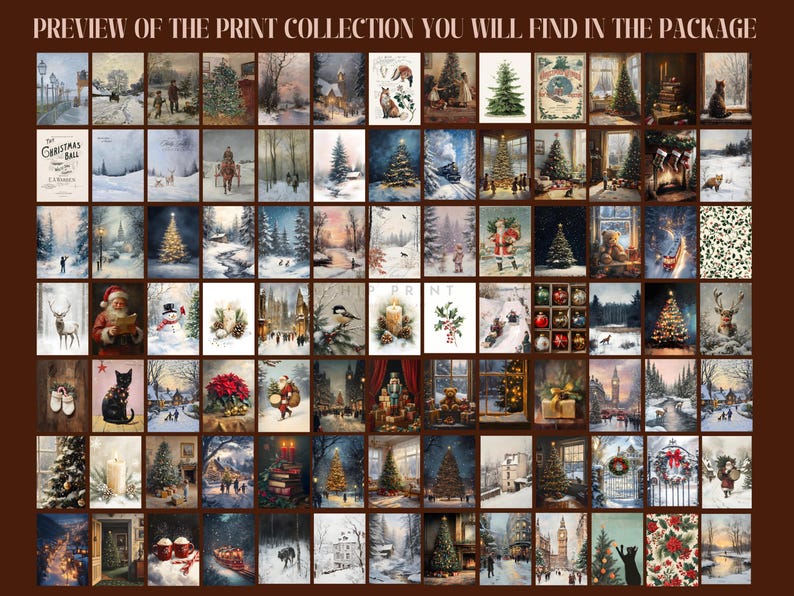 May include: A collection of 64 winter-themed printable images featuring snowy landscapes, Christmas trees, and holiday scenes. The images are perfect for creating cards, scrapbook pages, or other crafts.
