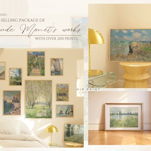 May include: A collection of framed art prints featuring the works of Claude Monet. The prints are displayed on a wall in a room with a bed and a lamp. The text "WHAT'S INCLUDED OUR BEST-SELLING PACKAGE OF Claude Monet's works WITH OVER 200 PRINTS" is visible at the top of the image.