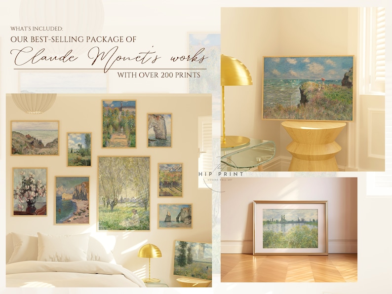 May include: A collection of framed art prints featuring the works of Claude Monet. The prints are displayed on a wall in a room with a bed and a lamp. The text "WHAT'S INCLUDED OUR BEST-SELLING PACKAGE OF Claude Monet's works WITH OVER 200 PRINTS" is visible at the top of the image.