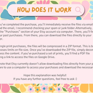 May include: A digital art graphic with the text "HOW DOES IT WORK" in a pink banner. The background is a floral pattern with pink, blue, and yellow flowers. The text explains how to access digital files after purchase.