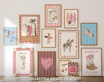 Coastal Cowgirl Wall Art Bundle, Pink Western Aesthetic Gallery Set of 70, Girly Bedroom Decor, Beach Rodeo Printable