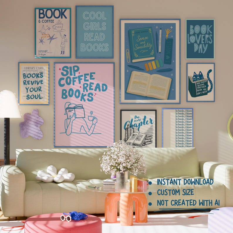 May include: A collection of framed art prints with book-themed quotes and illustrations. The prints feature phrases like "Cool Girls Read Books" and "Books Revive Your Soul." The color palette includes blue, pink, and white, creating a cozy and inviting atmosphere. The image also includes a sofa and coffee table.