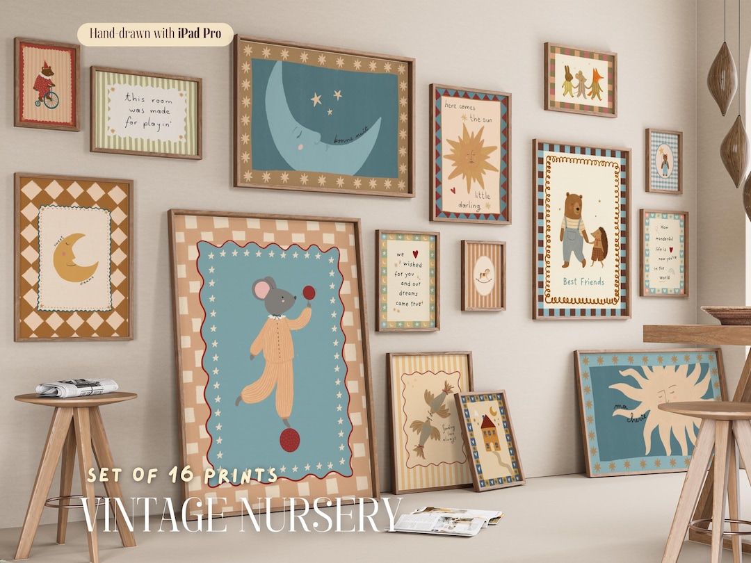 Vintage Nursery Wall Art Set of 16 Prints, Retro Kids Room Decor ...