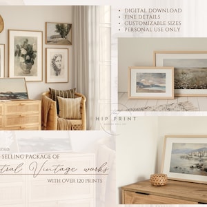 May include: A collection of neutral vintage art prints in various frames, displayed on a wall and on a dresser. The prints feature landscapes, still life, and portraits. The text "OUR BEST-SELLING PACKAGE OF Neutral Vintage works WITH OVER 120 PRINTS" is visible at the bottom of the image.