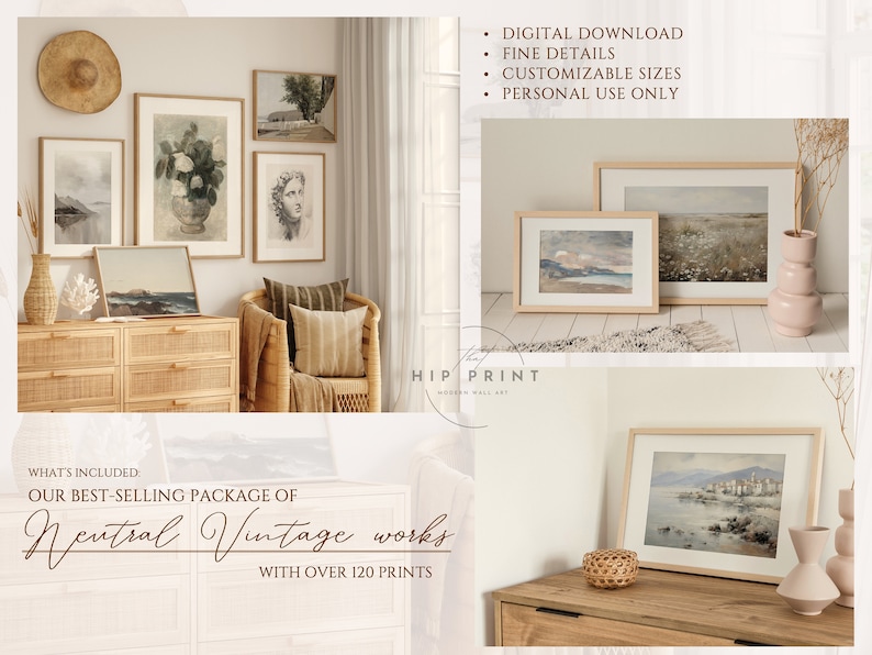 May include: A collection of neutral vintage art prints in various frames, displayed on a wall and on a dresser. The prints feature landscapes, still life, and portraits. The text "OUR BEST-SELLING PACKAGE OF Neutral Vintage works WITH OVER 120 PRINTS" is visible at the bottom of the image.