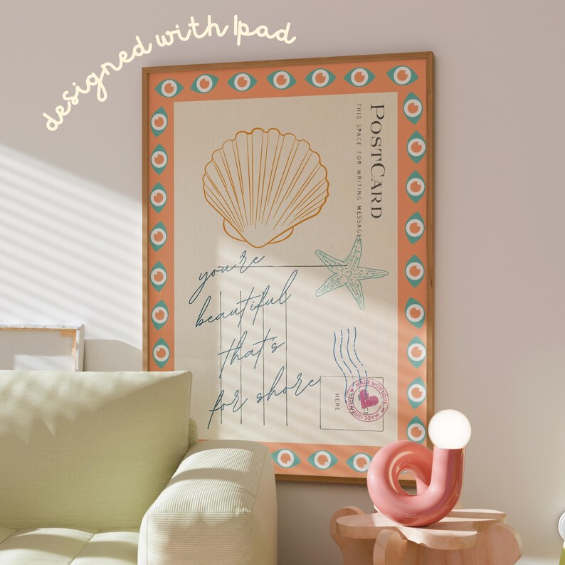 Seashell Beach Postcard Art Print, Coastal Summer Decor (digital ...