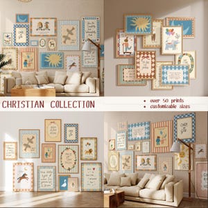 Puede incluir: Una colecci&oacute;n de impresiones art&iacute;sticas enmarcadas con tem&aacute;tica cristiana, que presenta diversas ilustraciones y citas inspiradoras. Las impresiones son de diferentes tama&ntilde;os y formas, con una variedad de colores y dise&ntilde;os. El texto "CHRISTIAN COLLECTION" es visible.