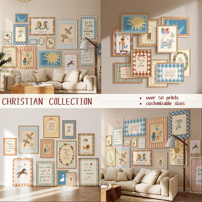 Puede incluir: Una colecci&oacute;n de impresiones art&iacute;sticas enmarcadas con tem&aacute;tica cristiana, que presenta diversas ilustraciones y citas inspiradoras. Las impresiones son de diferentes tama&ntilde;os y formas, con una variedad de colores y dise&ntilde;os. El texto "CHRISTIAN COLLECTION" es visible.
