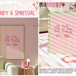 May include: A framed print with a pink and white striped background features the text "the little that you have He'll multiply" in a handwritten style. The print includes illustrations of a fish and a flower. The frame has a gold border.